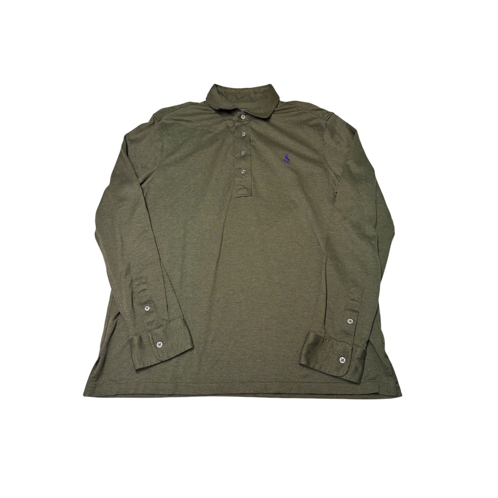 Polo Ralph Lauren Mens L Olive Green Long Sleeve Cotton Polo Shirt Purple Pony